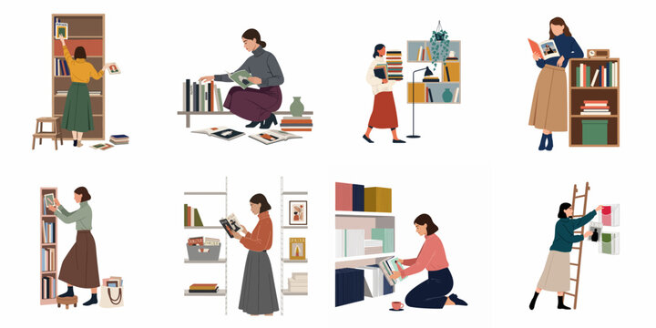 Collection of flat illustrations showing women reading, organizing, and carrying books in various library and home office settings.