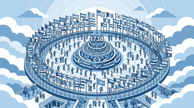 Global Unity Celebration 1738: Diverse People Gather Under Flags in Architectural Circle