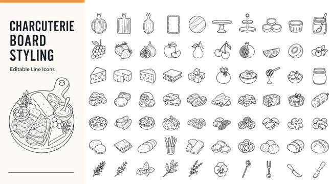 Charcuterie board line icons set with cheese, meats, fruits, crackers, nuts, and grazing platter ingredients for food styling