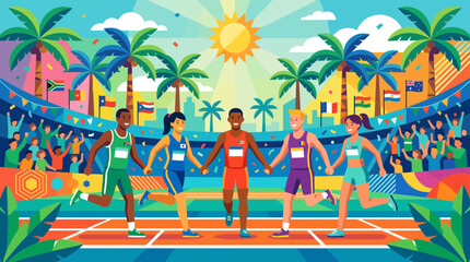 Obraz premium Diverse athletes holding hands on track, celebrating unity and sportsmanship at a sunny stadium.