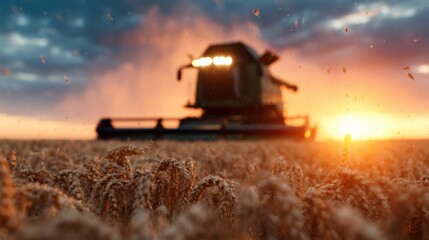 Fototapeta premium A dramatic scene of ripe wheat fields illuminated by a stunning sunset, with a harvesting machine silhouetted against the colorful sky, embodying the essence of agricultural beauty.
