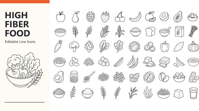 High fiber food line icons set featuring healthy fruits, vegetables, whole grains, legumes, nuts, and seeds for dietary nutrition and wellness