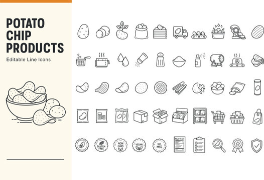 Potato chip products and manufacturing process editable line icons set