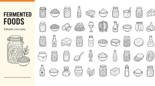 Fermented foods editable line icons set featuring kimchi, pickles, yogurt, cheese, kombucha, vinegar, and sourdough bread