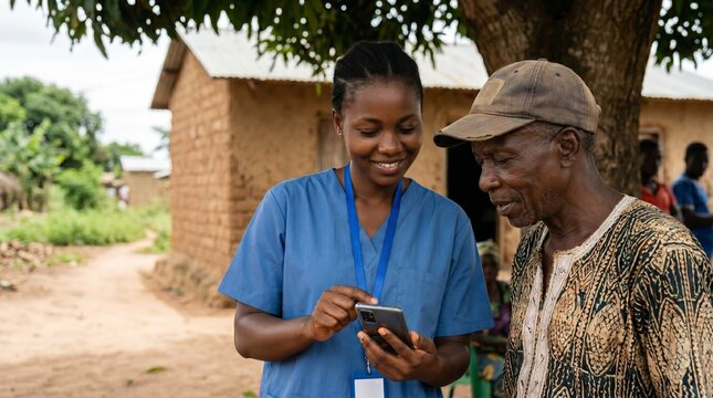 Young African nurse in blue scrubs shows a mobile phone to an elderly African man in a village setting