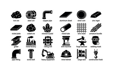 Fototapeta na wymiar Metallurgy Material Icons. Solid glyph icon set of metallic materials and industrial production: iron ore, steel coil, copper pipe, aluminum sheet, silver coin, zinc ingot, nickel plate, cobalt ore,
