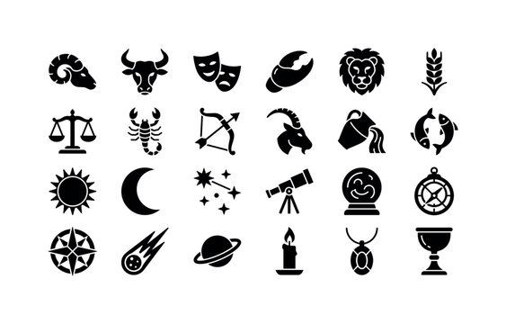 Celestial Zodiac Relics. Solid glyph icon set of zodiac astrology objects: ram horn, bull head, twin masks, crab claw, lion head, wheat sheaf, balance scale, scorpion, archer bow, goat horn, water