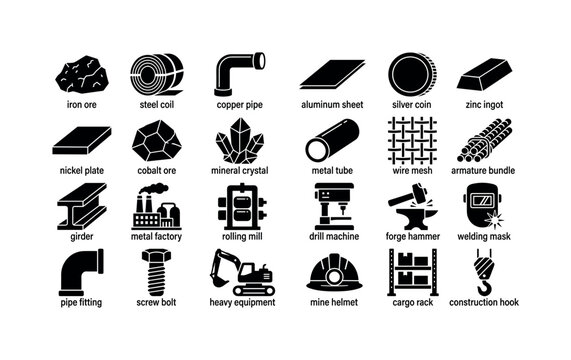 Metallurgy Material Icons. Solid glyph icon set of metallic materials and industrial production: iron ore, steel coil, copper pipe, aluminum sheet, silver coin, zinc ingot, nickel plate, cobalt ore,