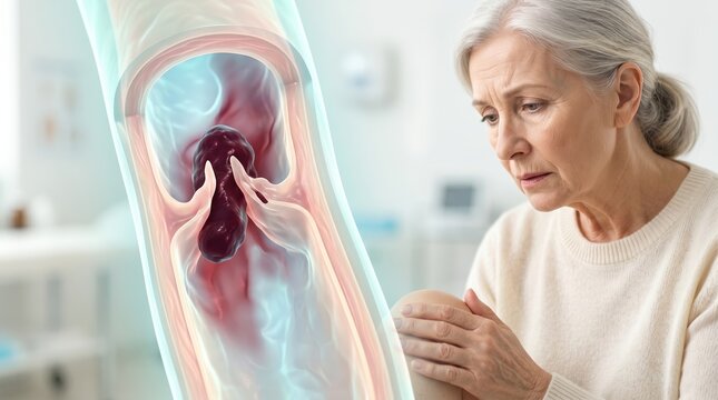 Senior woman touching her knee with a concerned expression. 3D illustration of a blood clot in a vein. Deep vein thrombosis and vascular health concept