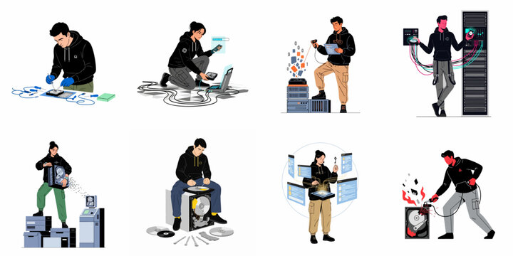 Illustrations of IT specialists and technicians engaged in data recovery, hardware repair, and server maintenance tasks on various computer storage devices and systems.