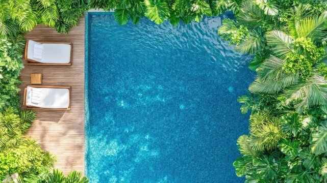 Luxurious tropical poolside with wooden decks and lush green foliage