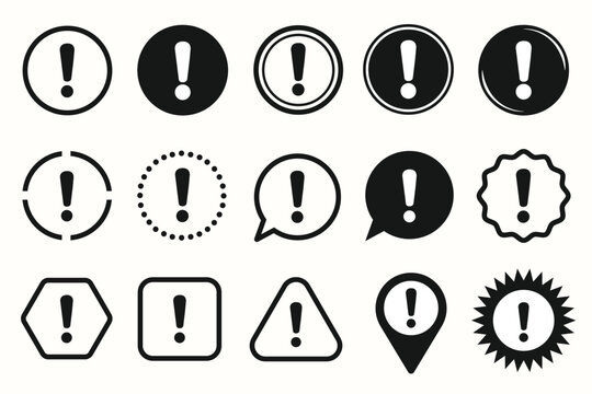 Set of Warning caution icon with exclamation mark. Alert, danger symbol with long shadow with different shape.
