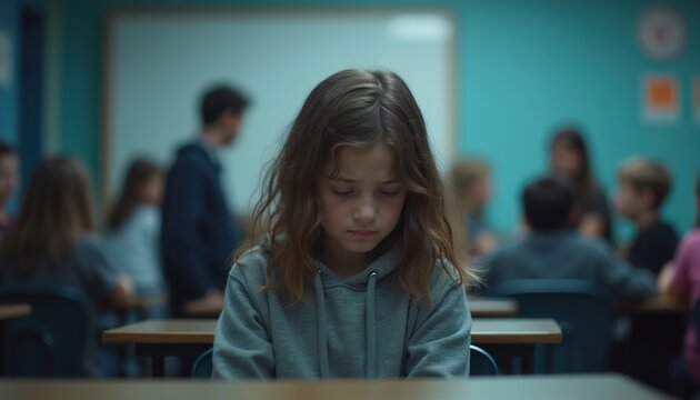 Sad girl sits alone in classroom. Other kids talk, laugh. Child feels lonely, excluded. School bullying concept. Mental health awareness image.