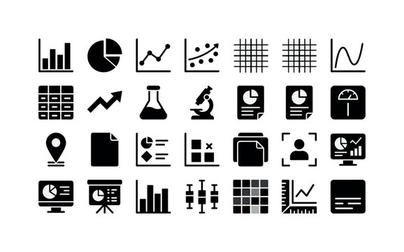 Scientific Chart Dashboard. Solid glyph icon set of scientific data and graphs: bar chart, pie chart, line graph, scatter plot, axis grid, curve plot, data table, trend arrow, lab flask, microscope,