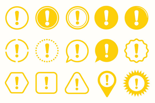 Set of Warning caution icon with exclamation mark. Alert, danger symbol with long shadow with different shape.
