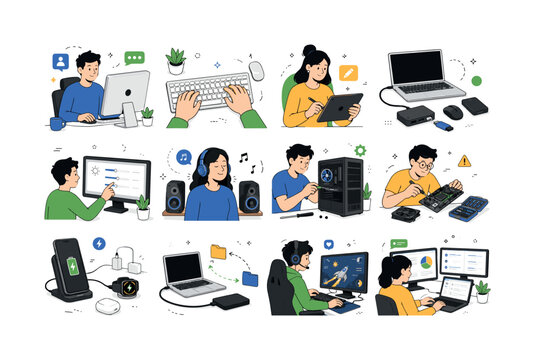 Computer Equipment Technology Scene. Devices and hardware usage. 12 minimalist editorial vector scenes: user working on desktop computer, typing on keyboard, using tablet device, connecting