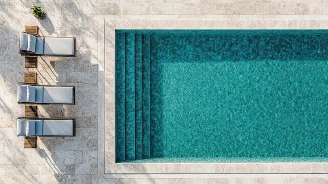 Aerial view of luxurious outdoor pool with lounge chairs on elegant stone deck