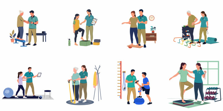 Collection of flat vector illustrations depicting physical therapy and rehabilitation sessions with professional instructors assisting patients of all ages and abilities.
