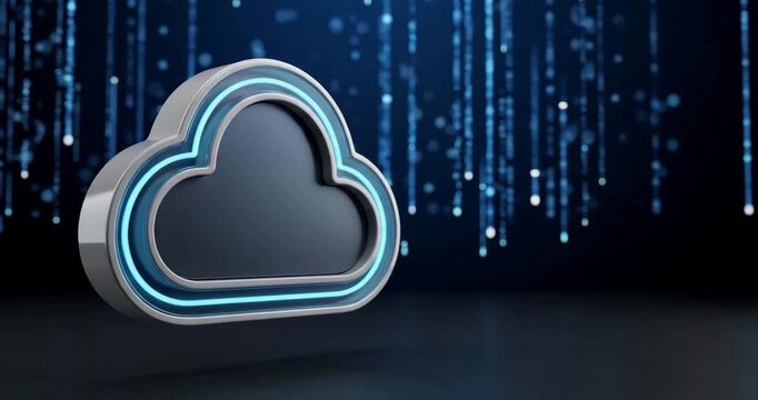 A geometric cloud emblem on a  neon blue light channels, cloud computing and remote servers, abstract virtual studio