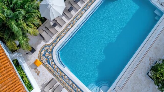 Aerial view of luxurious outdoor poolside with palm trees and lounge chairs