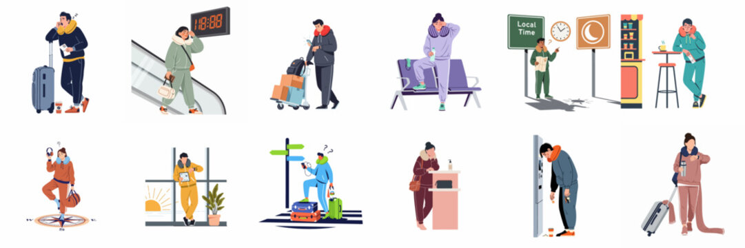Illustrations of Tired Travelers Experiencing Jet Lag and Exhaustion in Airports and During Journeys with Luggage and Neck Pillows