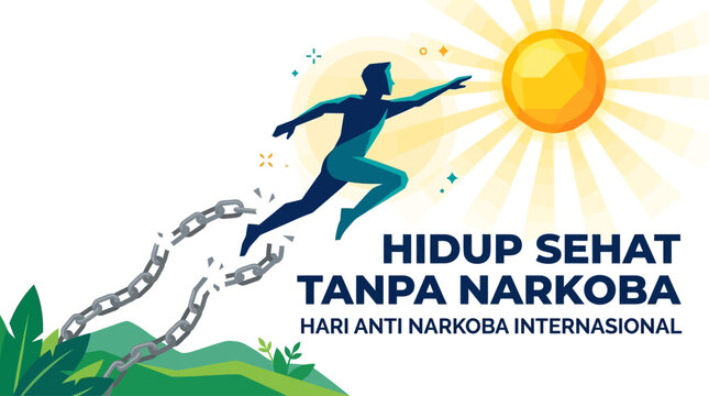 International Anti Narcotics Day Illustration Of Person Breaking Chains And Leaping Toward Sun Symbolizing Healthy Life Without Drugs Hidup Sehat Tanpa Narkoba For Hari Anti Narkoba Internasional Hope