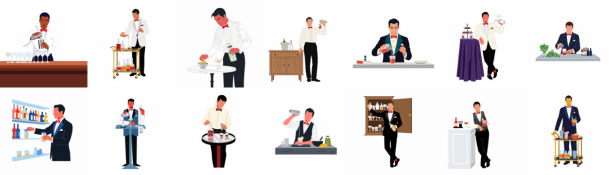 Collection of elegant male bartenders wearing tuxedos and bow ties, mixing cocktails and serving drinks at formal events or luxury bars.