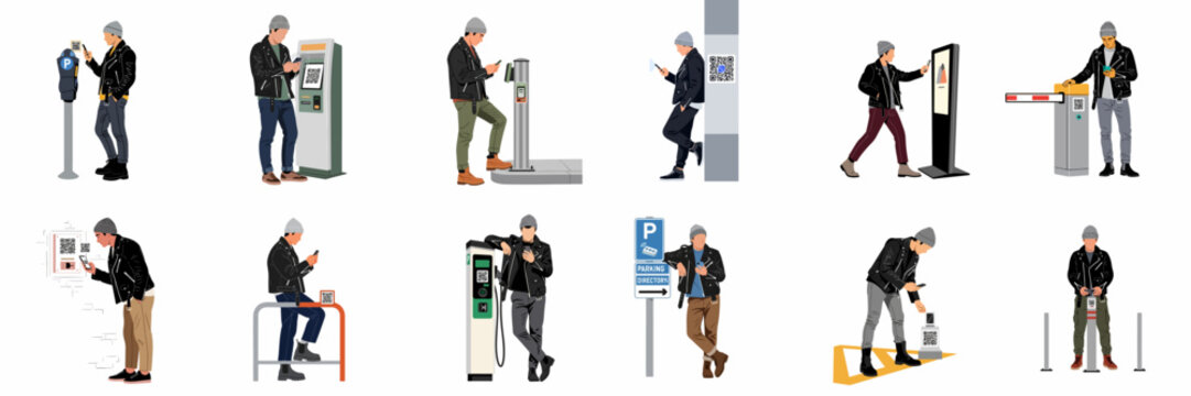 Vector illustrations of a young man using a smartphone to scan QR codes for parking, payments, and digital information in various urban settings.