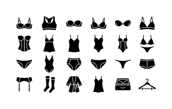 Lingerie Wardrobe Glyphs. Solid glyph icon set of lingerie and underwear: balconette bra, sports bra, strapless bra, maternity bra, adhesive bra, bralette, corset, chemise, camisole, bodysuit, teddy