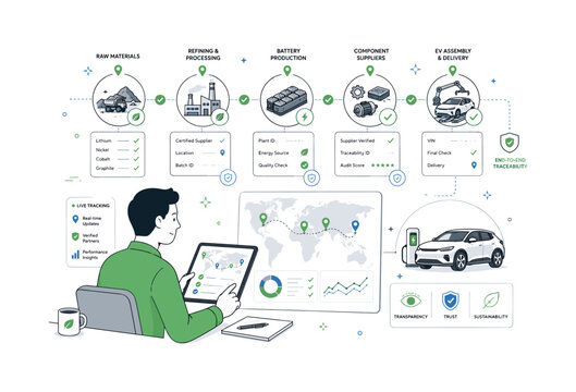 Traceable EV supply network. A supply chain manager follows connected nodes from raw materials to battery production and final electric vehicle assembly. Check marks, map pins, and clean data cards