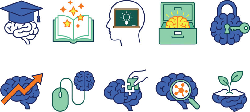 Brain Development and Cognitive Learning Icon Set Featuring Education, Knowledge Growth, Intelligence Enhancement, Mental Health, and Neuroscience Innovation
