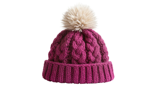Knit beanie hat with cable knit pattern and pompom