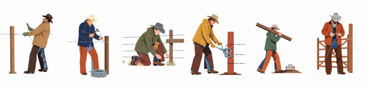 Set of flat vector illustrations depicting ranch hands and cowboys performing maintenance and construction of a rural barbed wire fence.