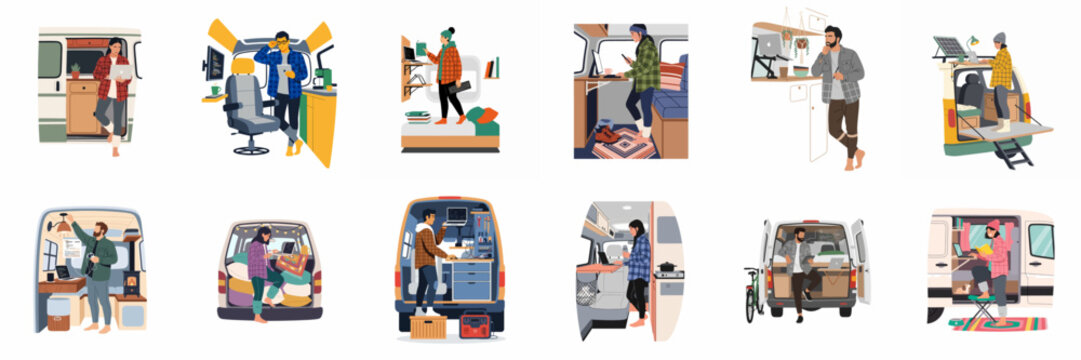 Set of vector illustrations showing digital nomads working remotely from their converted camper vans, showcasing the mobile office lifestyle and van life adventure.