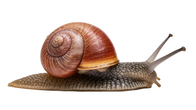 Garden snail with brown spiral shell on white