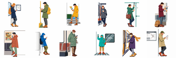 Flat vector illustration set of male commuters in winter clothing using smartphones and tablets inside subway or train cars © Siji