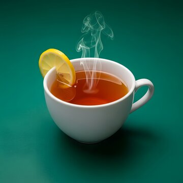 A white porcelain cup filled with hot steaming tea and a fresh yellow lemon slice resting on the rim