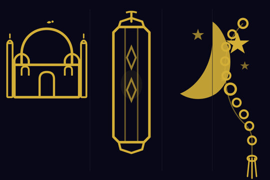 Ramadan Kareem Decorative Vector Elements Golden Crescent Lantern Stars