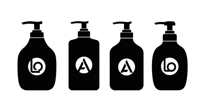 Four black pump bottles with white logos in a row.
