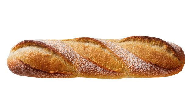 Golden brown crusty baguette bread with flour dusting