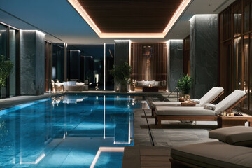 Fototapeta premium This stunning indoor swimming pool showcases modern design elements, tranquil lighting, and luxurious lounge chairs creating a perfect relaxation space for guests.