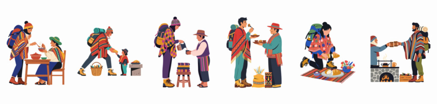 Flat vector illustrations of hikers in colorful ponchos sharing food and cultural experiences with local Andean people across various scenes.