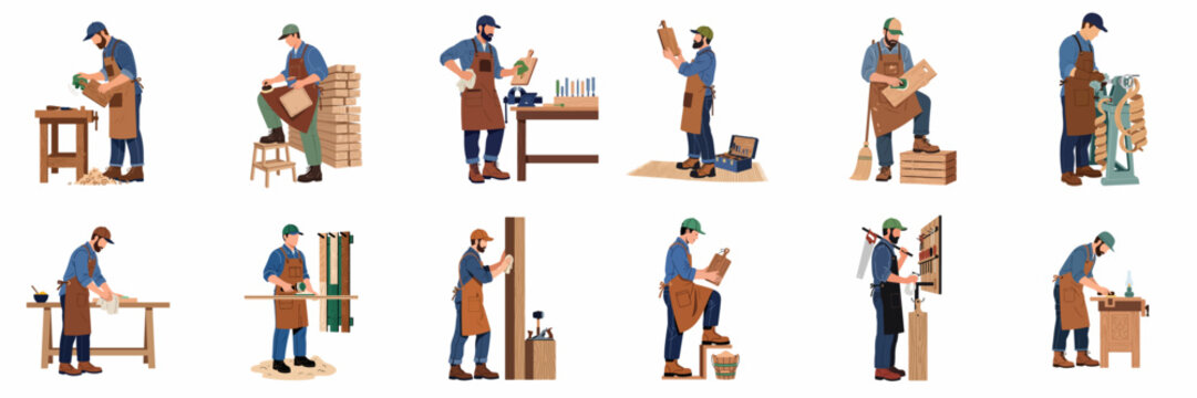 Collection of flat vector illustrations depicting male carpenters and woodworkers performing various tasks like sanding, carving, and polishing in their workshop.