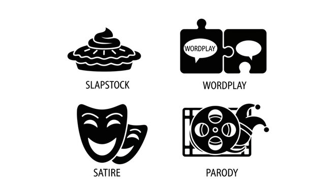 Four Icons Representing Comedy Genres Slapstick Wordplay Satire Parody.