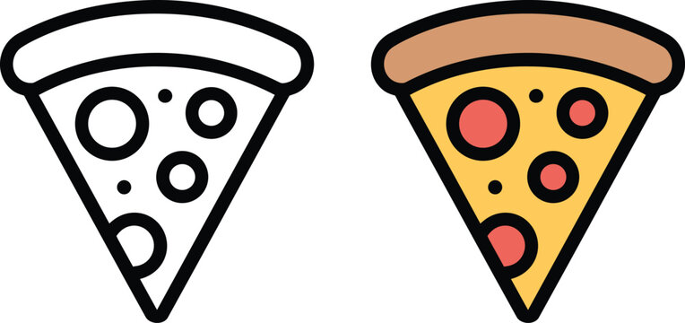 Pizza slice icons set depicting food with pepperoni and cheese, vector graphics and fast italian and icon in outline and colored styles