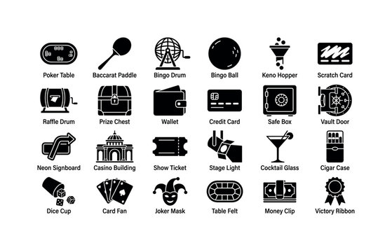 Gaming Fortune Marks. Solid glyph icon set of casino games, betting, and lottery objects: poker table, baccarat paddle, bingo drum, bingo ball, keno hopper, scratch card, raffle drum, prize chest,