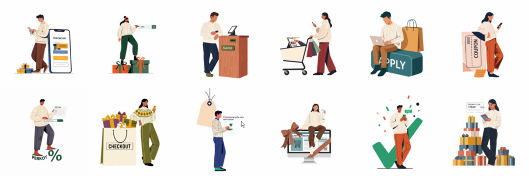Diverse illustrations of people shopping online and offline, using discount coupons, promo codes, and completing checkouts with gifts during a festive winter sale.