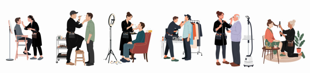 Fototapeta premium Set of Professional Makeup Artists and Hairstylists Working on Clients in Various Backstage and Studio Settings Illustration