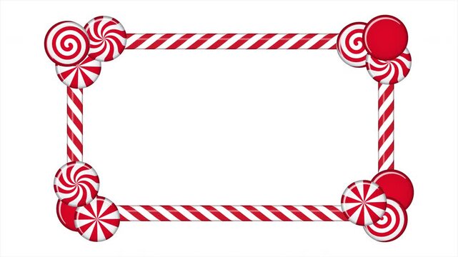 Candy cane frame with red and white striped animation. Border with striped candy lollipop pattern. Winter ornament decoration. Winter holidays theme. 4K animation