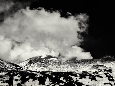 Summit Crater of Mount Etna with Smoke in Black and White
